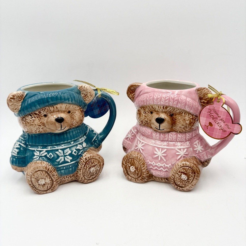 Teddy Bear Sweater Beanie Ceramic Mugs Set of 2 Christmas Holiday Pink Blue